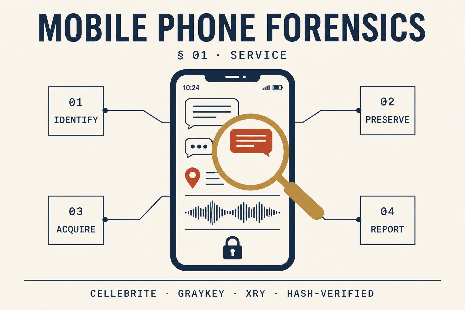 Mobile phone forensics infographic: identify, preserve, acquire and report from smartphones with Cellebrite, GrayKey and XRY.